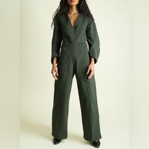 Meg Angles Utilitarian Jumpsuit Army Green Long Sleeves Wide Legs
